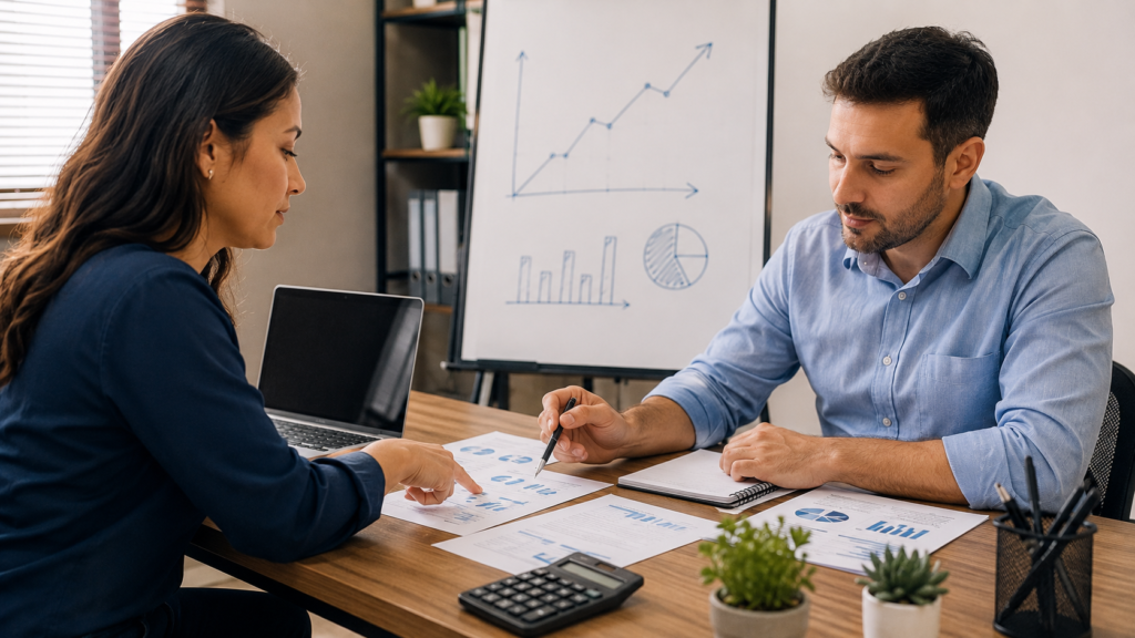 Empreendedores analisando gráficos e documentos sobre faturamento, planejamento financeiro e possíveis mudanças no limite do MEI.