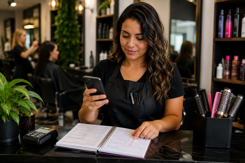 Microempreendedora organizando agenda, pagamentos e controle financeiro em salão de beleza.