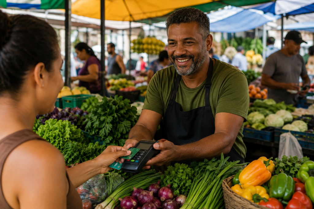 Feirante MEI recebendo pagamento por cartão em feira livre.