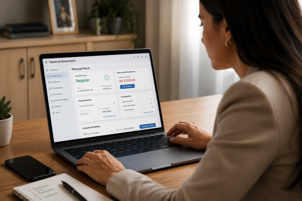 Consulta de débitos do MEI em painel digital para verificar pendências fiscais antes do parcelamento junto à Receita Federal ou à PGFN.