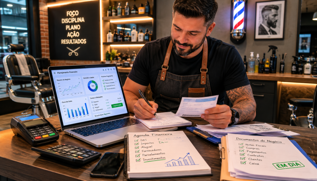 Microempreendedor organizando o parcelamento de dívidas do MEI com análise financeira, documentos e planejamento de pagamentos.