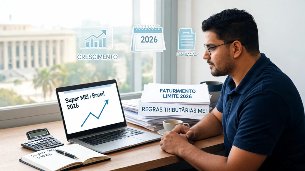 Empreendedor acompanhando informações sobre Super MEI 2026, limite de faturamento, crescimento empresarial e possíveis mudanças nas regras do MEI.