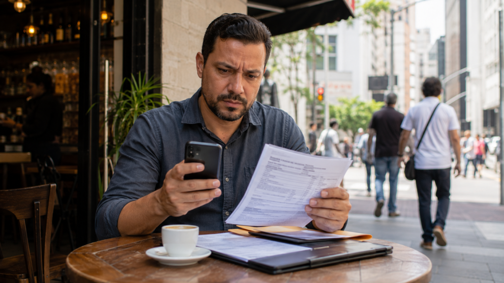 Microempreendedor consultando documentos e celular após descobrir que o CNPJ do MEI está inapto