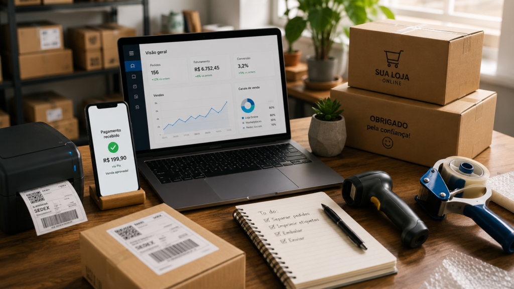 Microempreendedor organizando pedidos e recebimentos de vendas pela internet utilizando uma conta para o negócio.