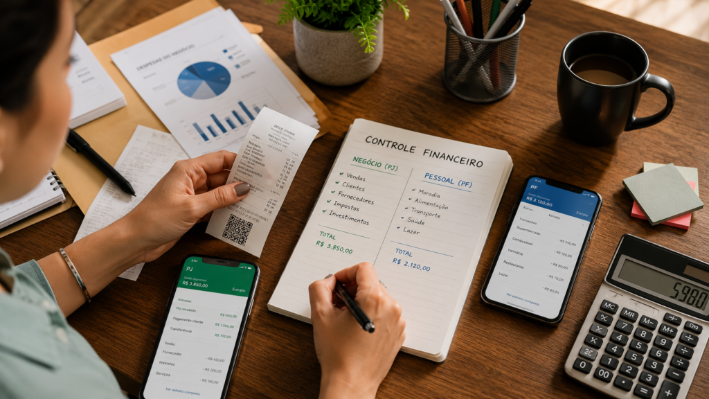 Controle financeiro do MEI com separação entre despesas pessoais e empresariais.