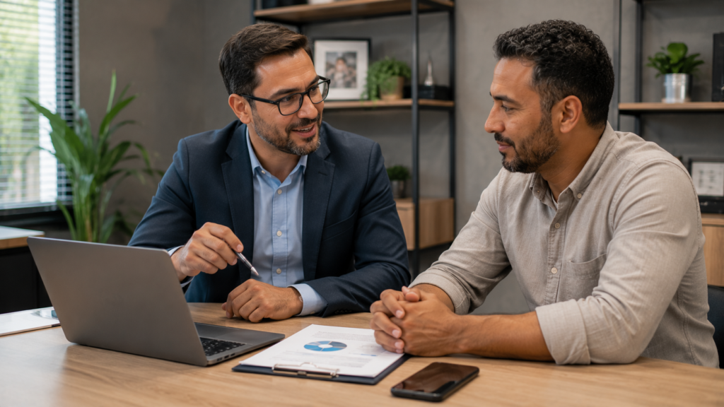Especialista orientando um microempreendedor durante a análise para regularização do MEI e identificação das pendências do CNPJ.