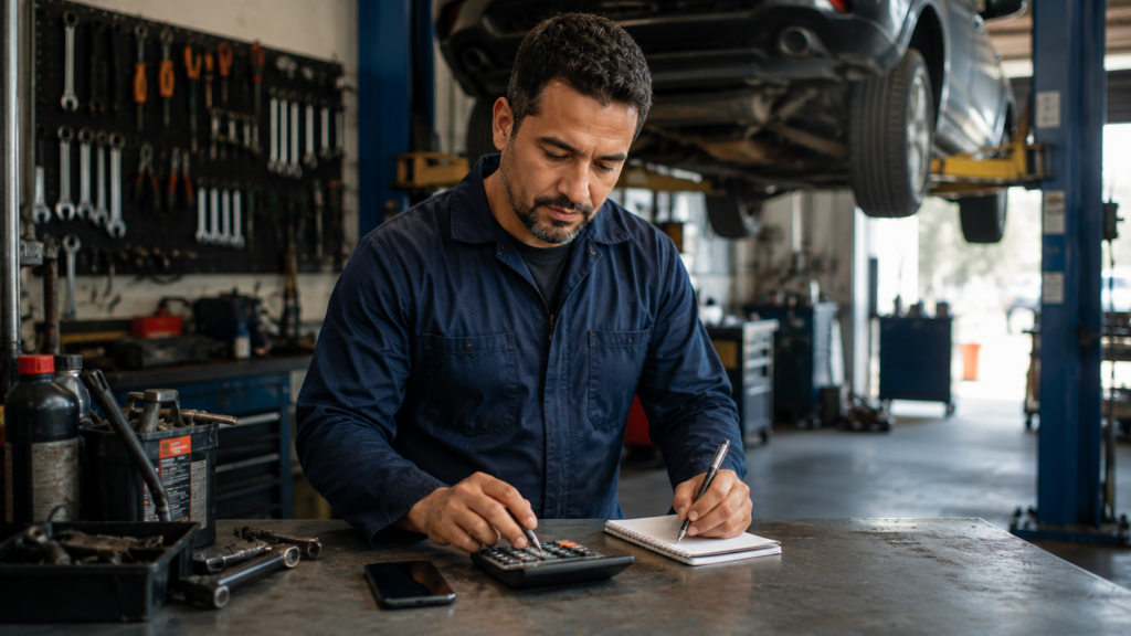Mecânico MEI calculando os valores do DAS em atraso para regularizar o CNPJ e manter a empresa em situação regular.