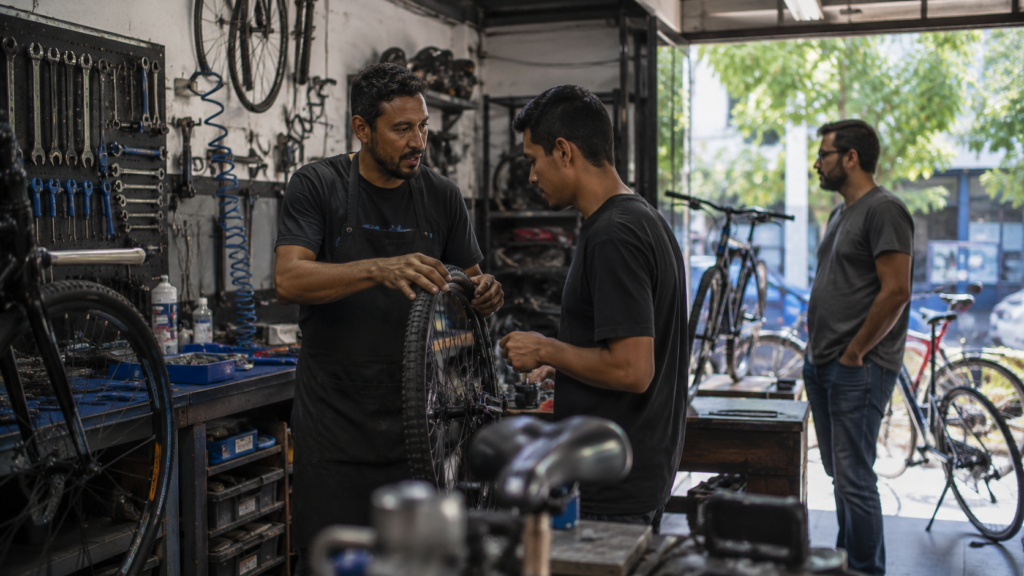 Pequena oficina com empreendedor, funcionário e cliente durante o crescimento do negócio
