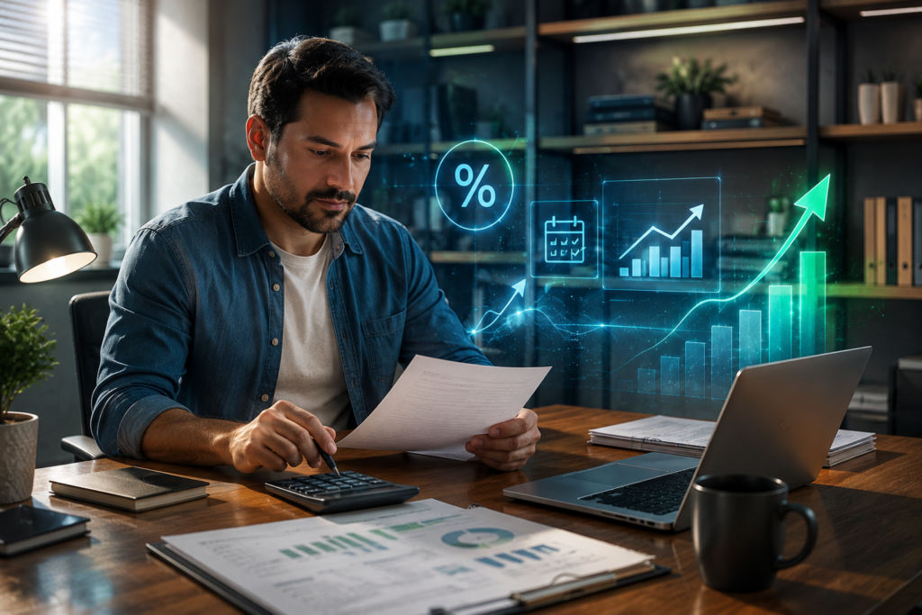 Refis do MEI: microempreendedor analisando documentos para regularizar e parcelar dívidas em escritório moderno.