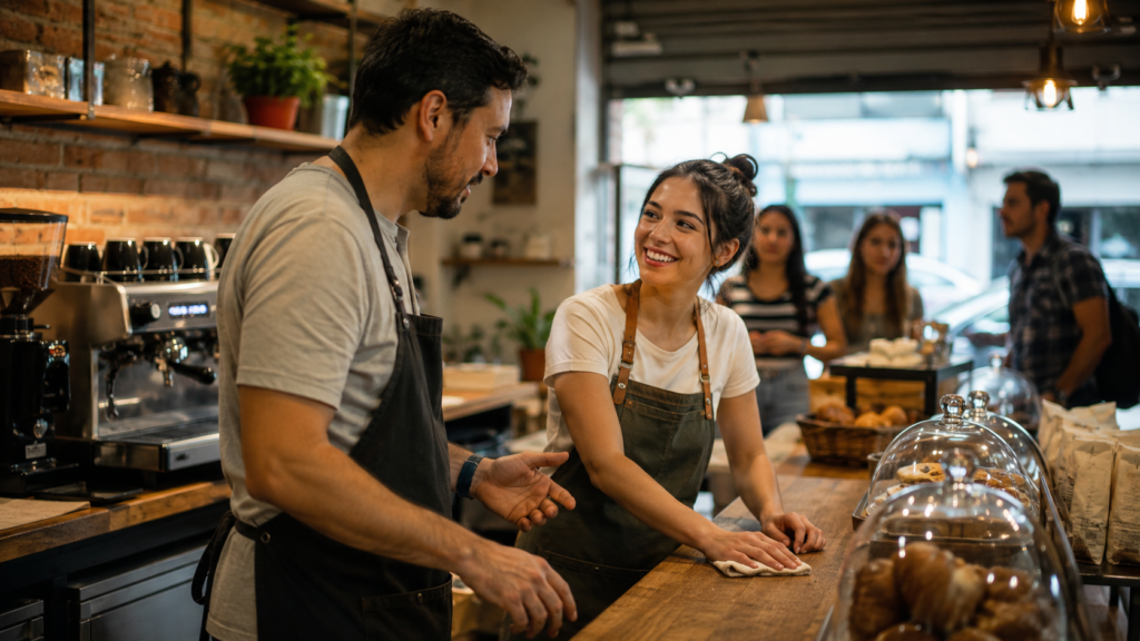 Proprietário de pequena cafeteria orientando a primeira funcionária contratada como MEI