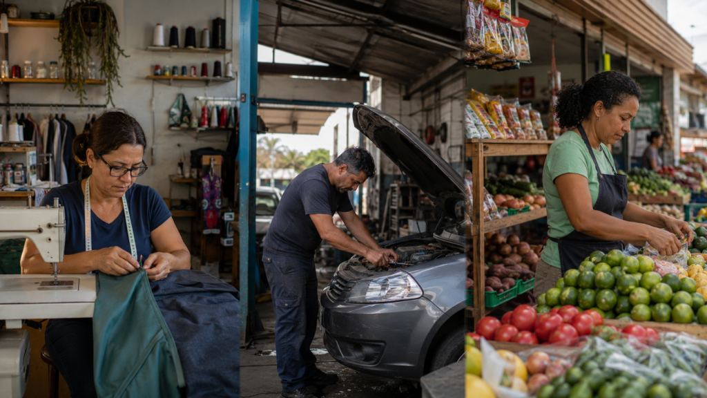 Costureira, mecânico e comerciante trabalhando em pequenos negócios que podem participar do Desenrola MEI 2026.